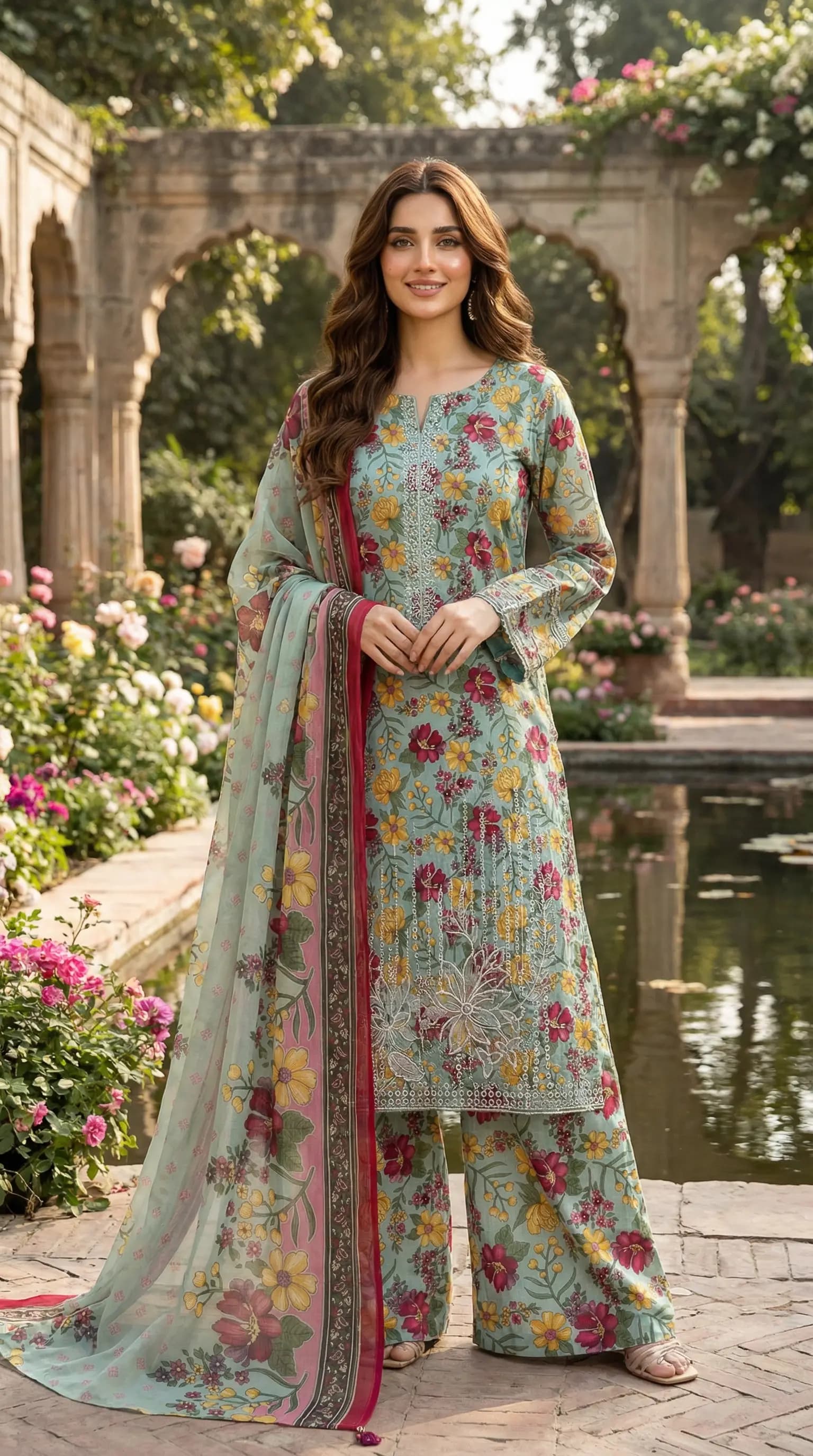 Floral Printed Lawn 3 Piece Suit with Printed Trouser & Chiffon Dupatta