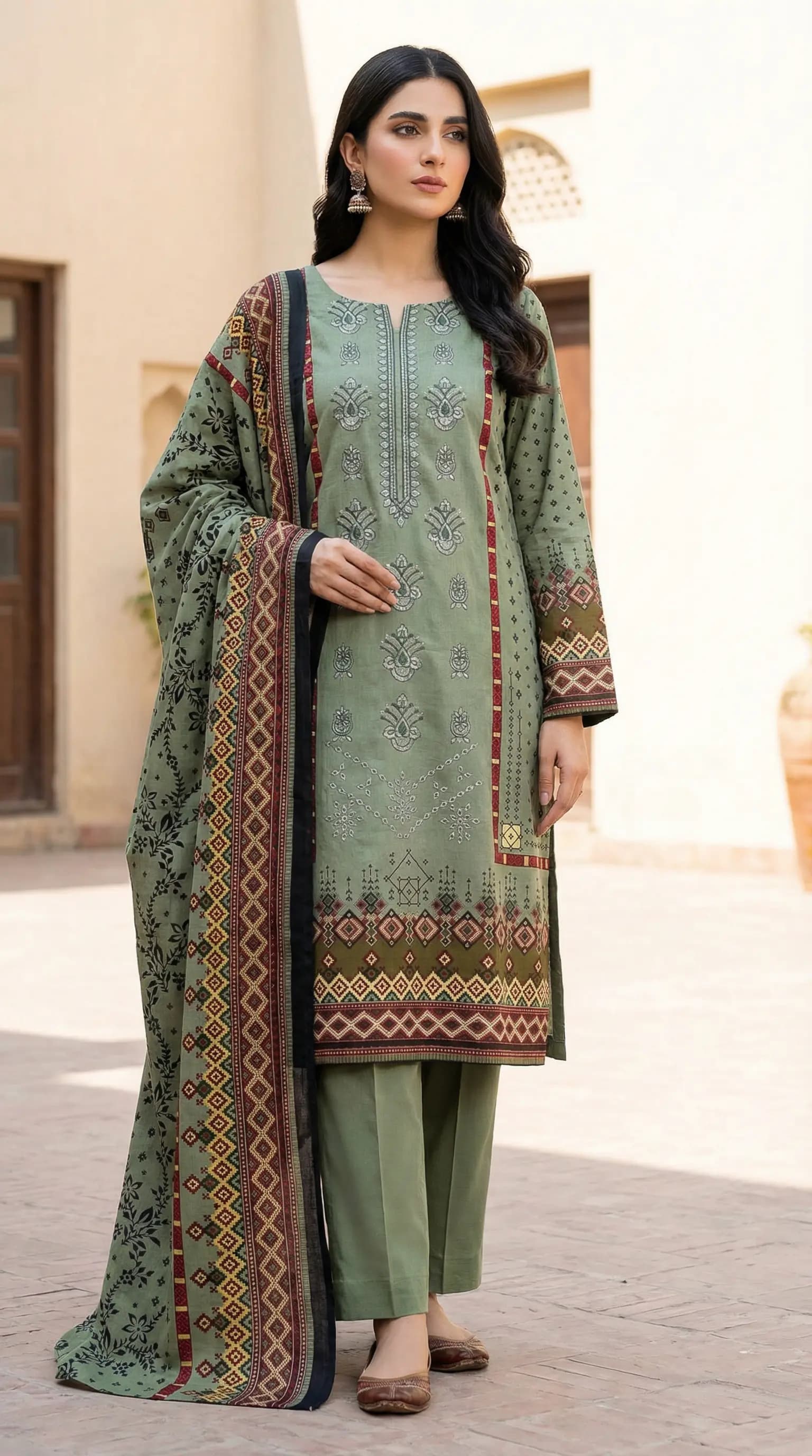 Printed Lawn 3 Piece Suit | Embroidered Shirt & Lawn Dupatta