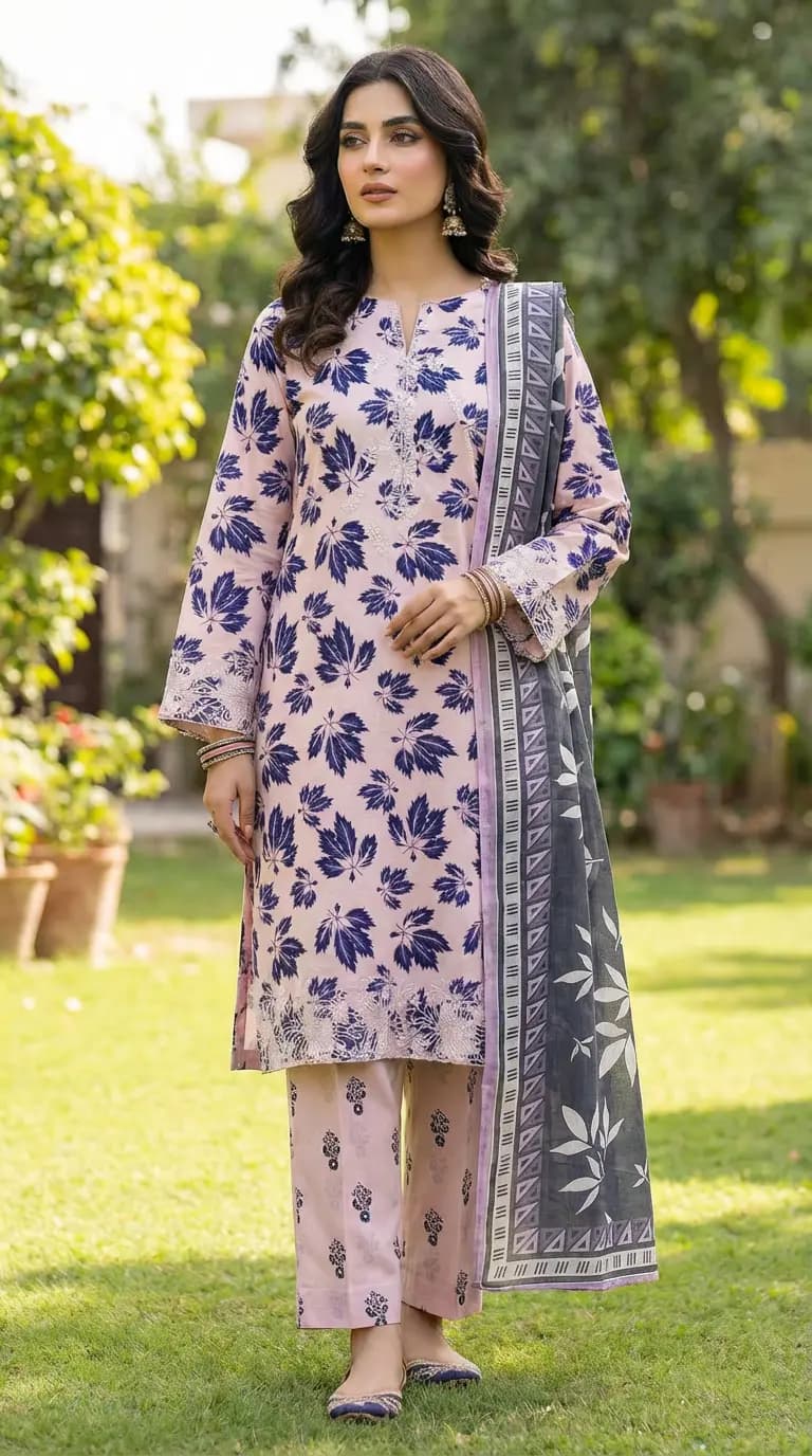 Leaves Printed Lawn 3 Piece Suit | Simple Unstitched Lawn Suits Pakistan