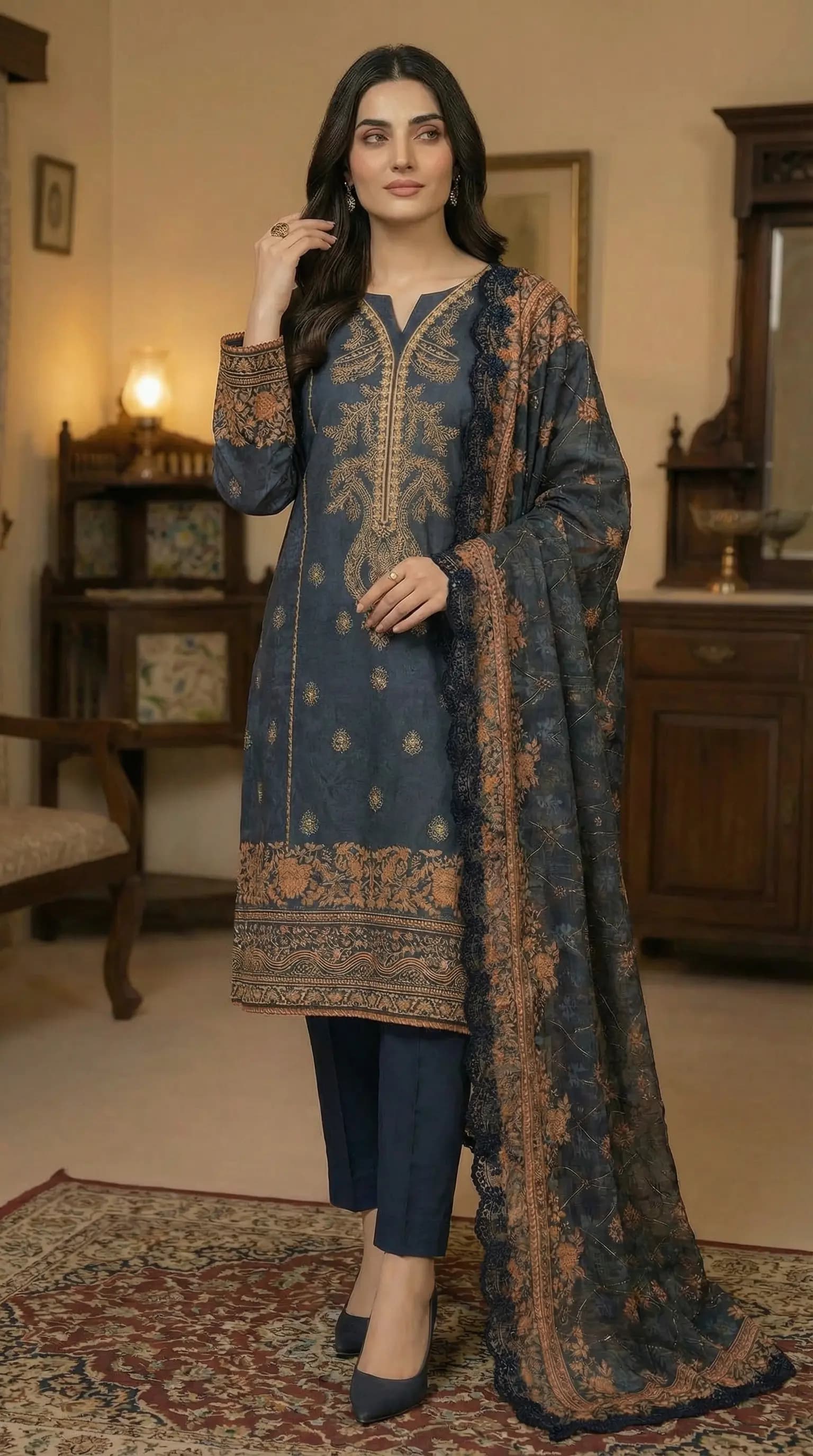 Printed Lawn 3 Piece Suit | Embroidered Shirt & Chiffon Dupatta Pakistan