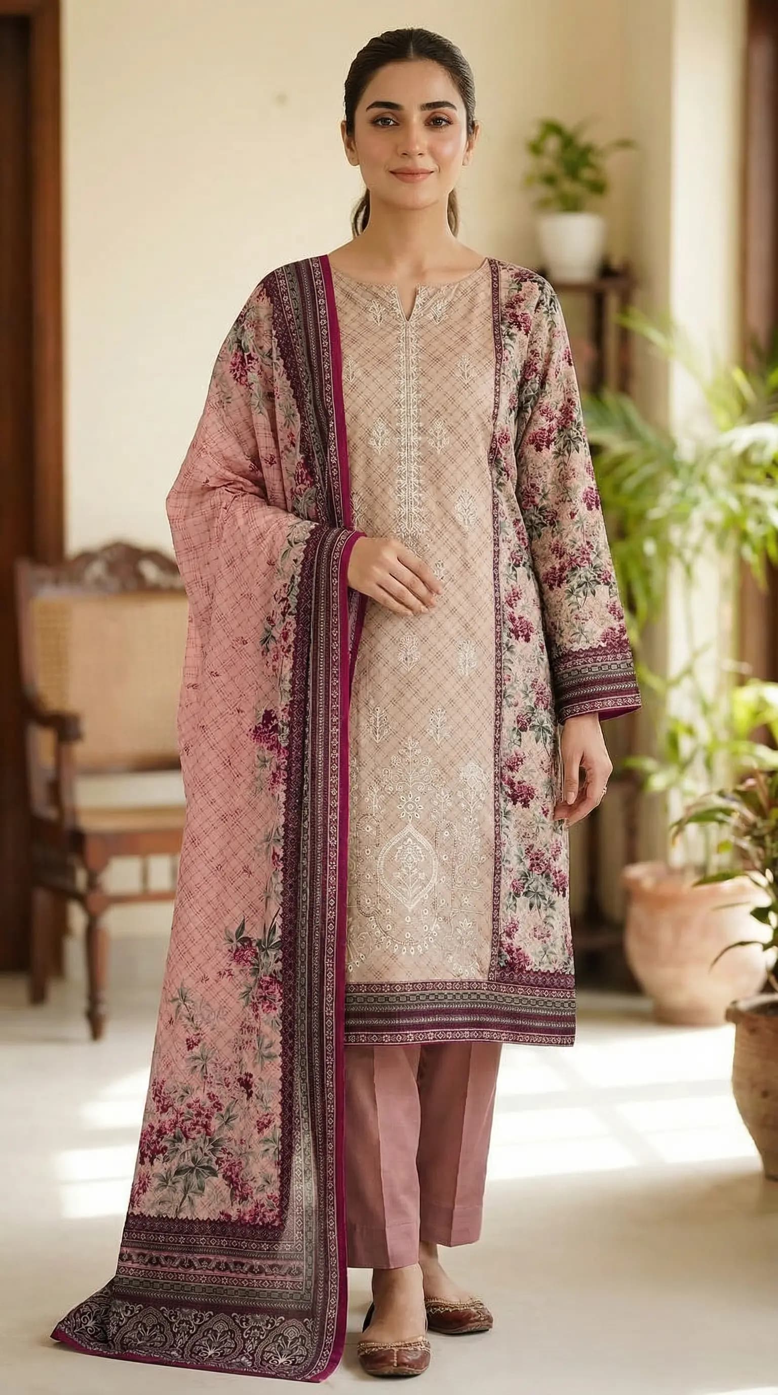 Printed Lawn 3 Piece Suit | Embroidered Shirt & Lawn Dupatta Pakistan