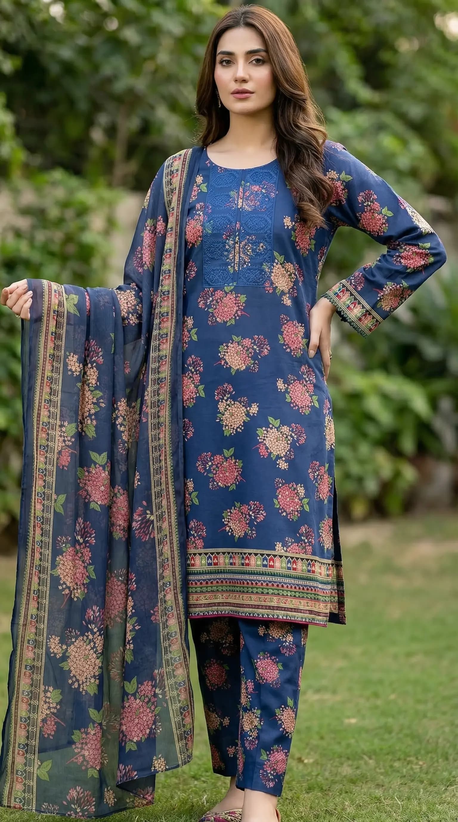 Printed Lawn 3 Piece Suit | Embroidered Shirt & Chiffon Dupatta Pakistan