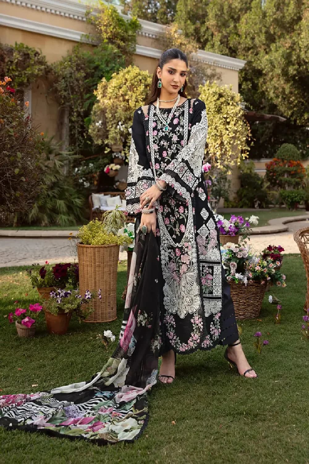 Embroidered Suit with Printed Net Dupatta | Unstitched Women Suits Pakistan