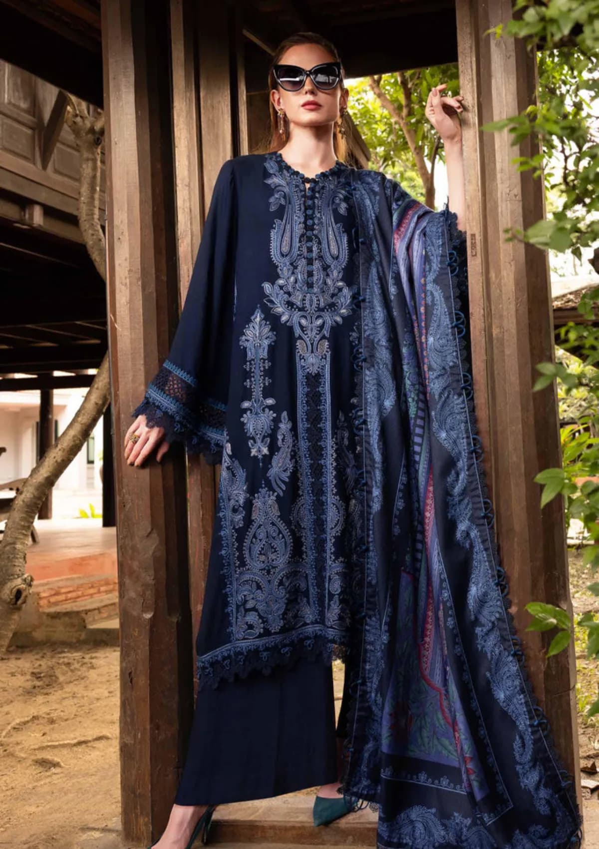 Premium Navy Blue Embroidered 3 Piece Lawn Suit with Daman Patch | Pakistan