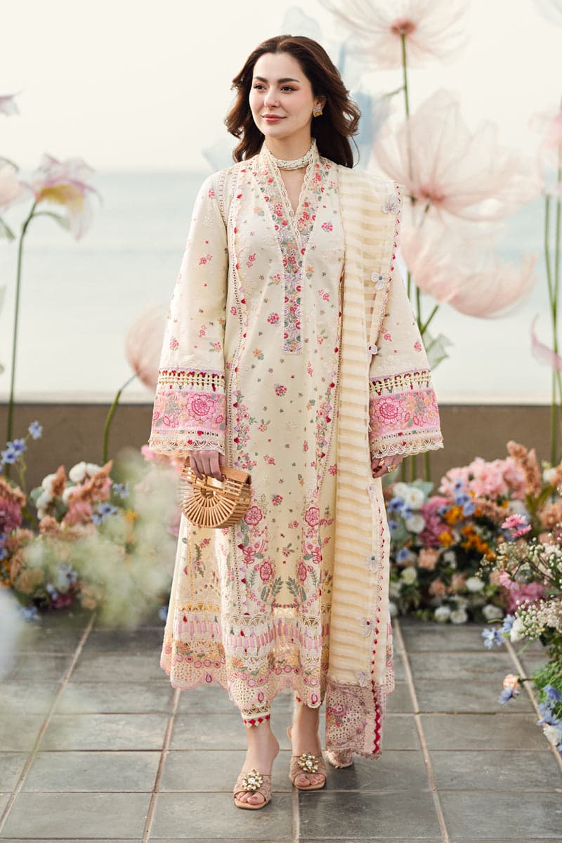 Premium Cream 3 Piece Lawn Suit with Full Front & Sleeve Embroidery and Dupatta Patches | Pakistan