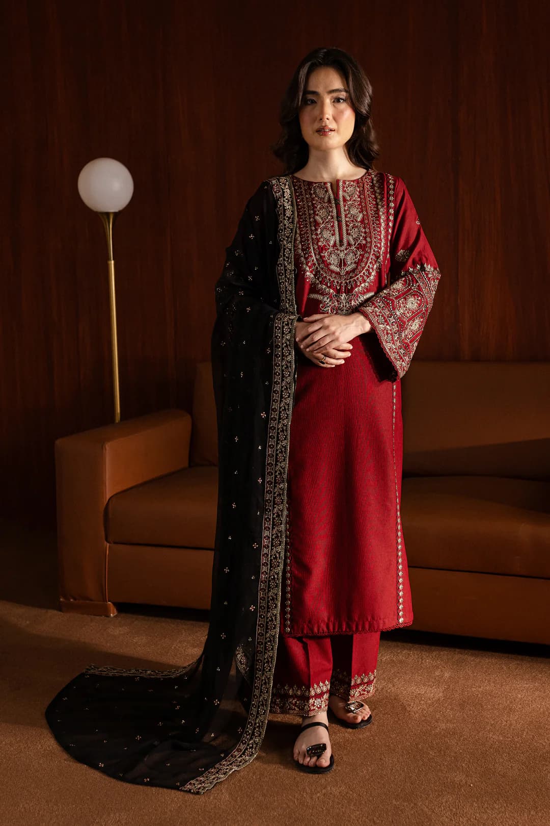 Premium Red 3 Piece Lawn Suit with Neck & Sleeve Embroidery, Dupatta & Trouser Patches | Pakistan