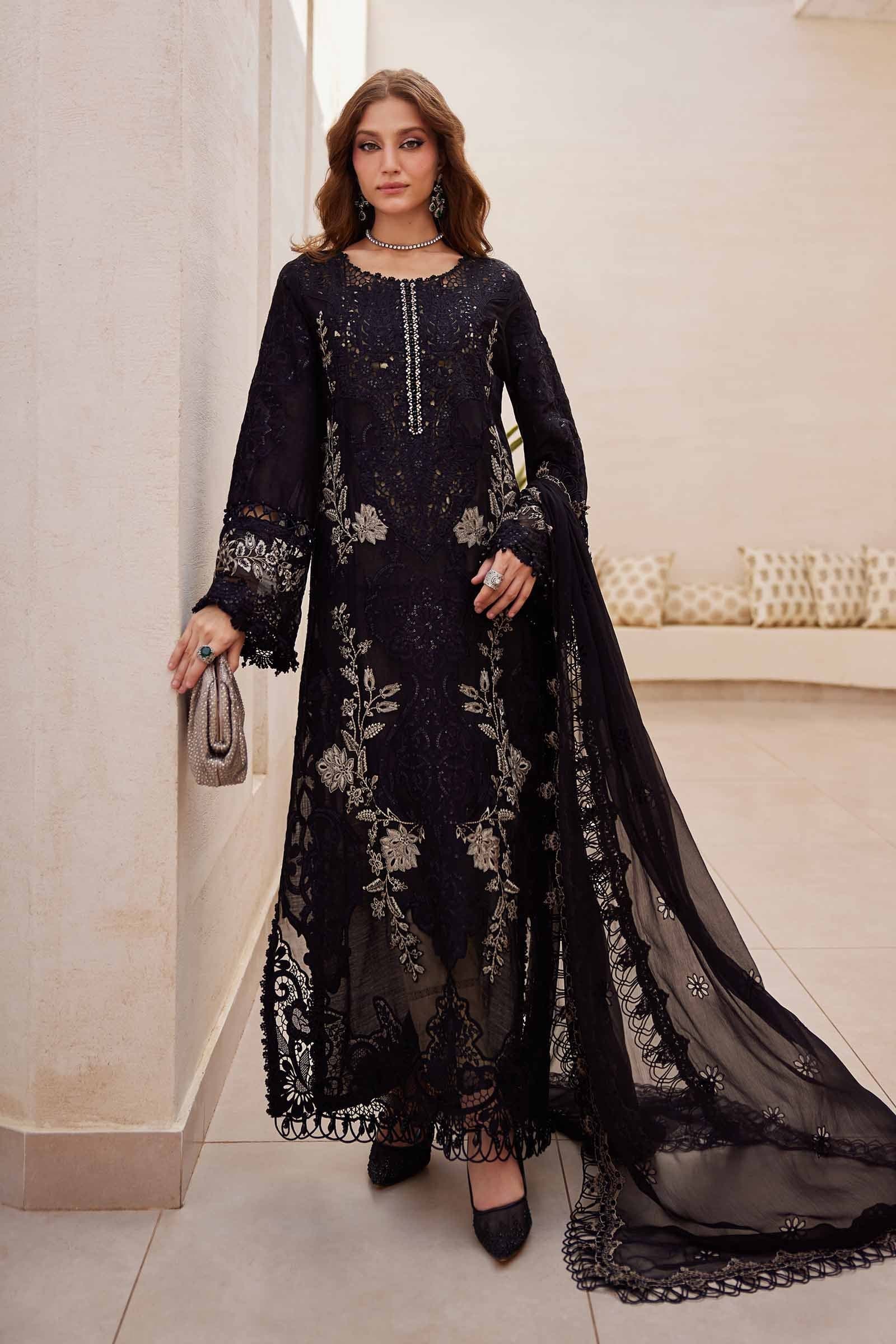 Premium Black 3 Piece Embroidered Lawn Suit with Neck & Sleeve Patches | Pakistan