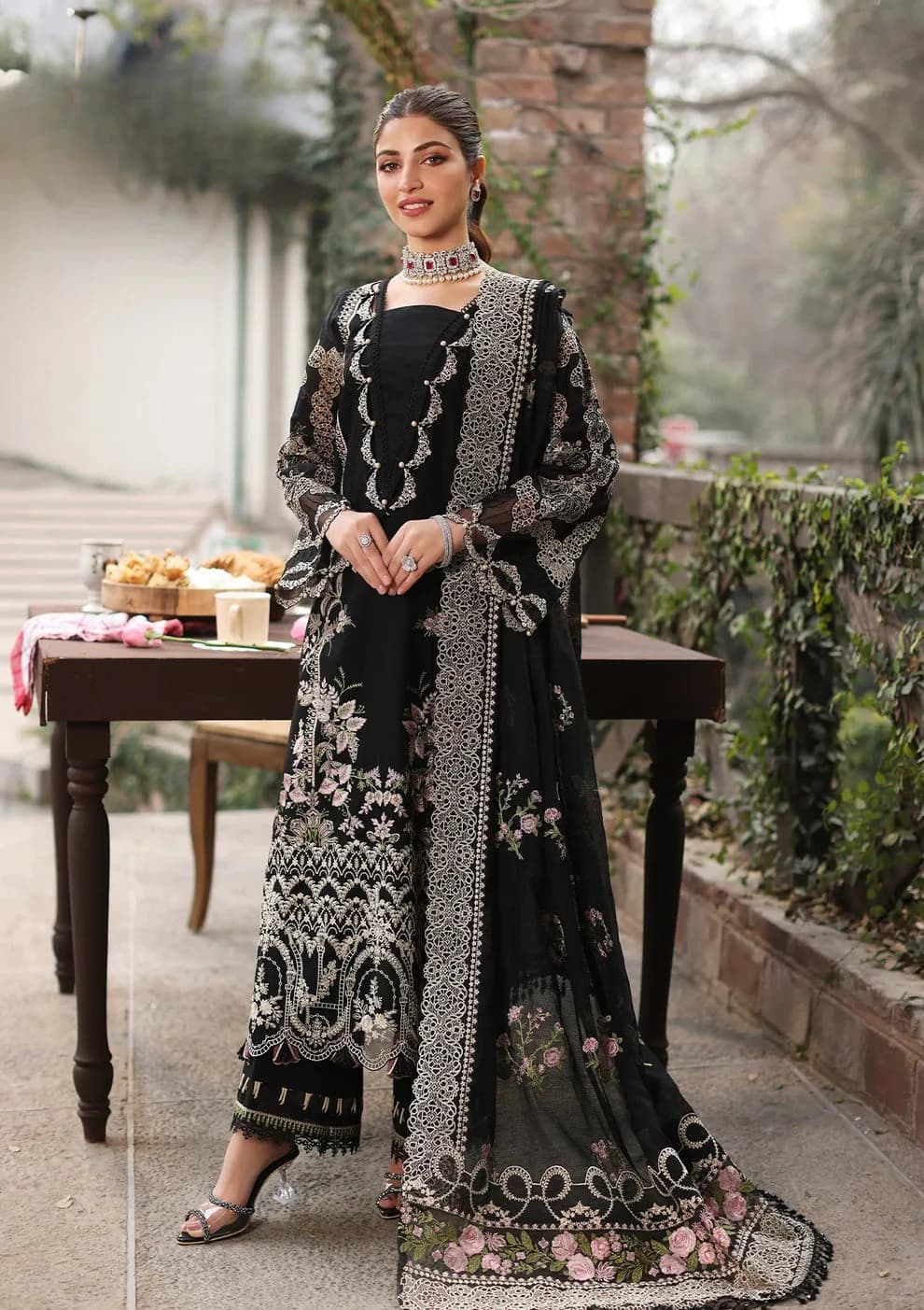 Premium 3 Piece Embroidered Lawn Suit with Net Dupatta & Sleeve Patches | Pakistan