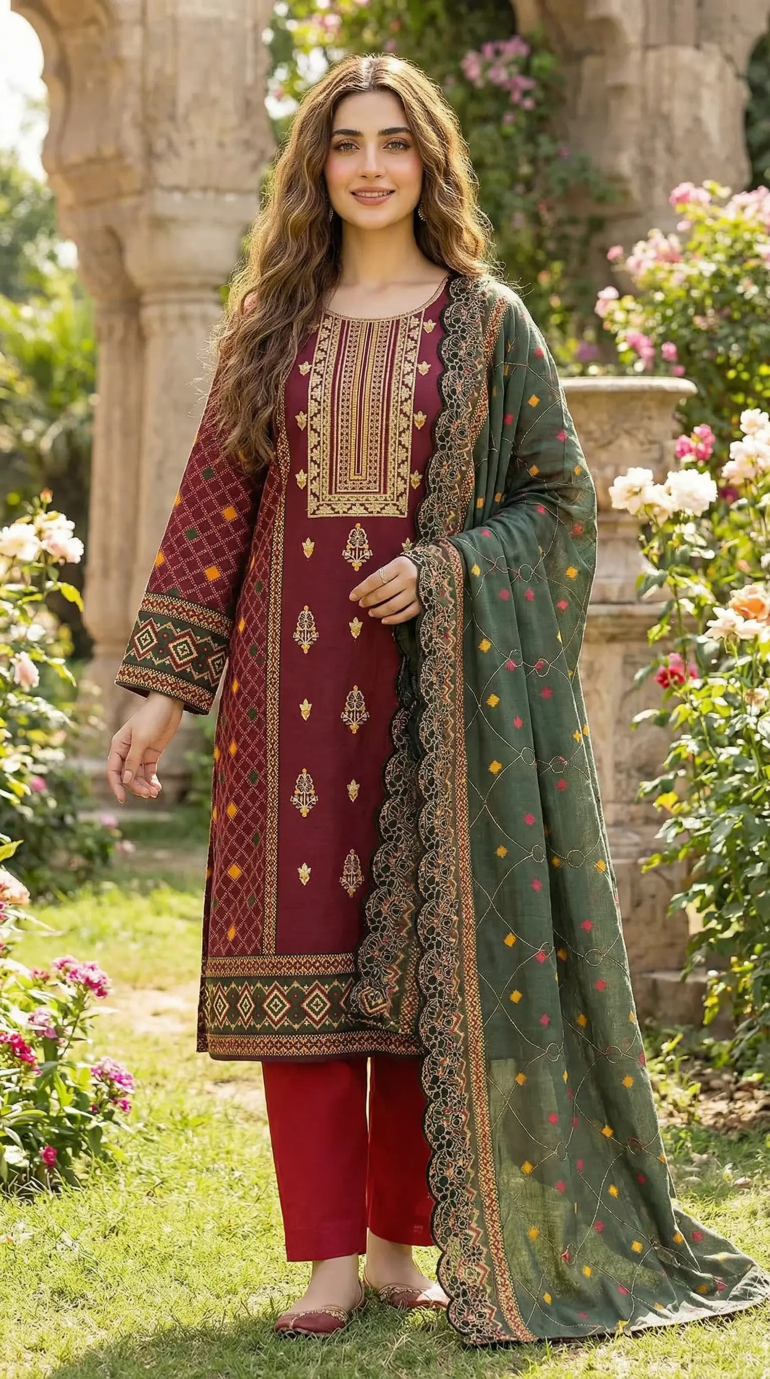 Printed Lawn 3 Piece Suit | Embroidered Shirt & Chiffon Dupatta Pakistan