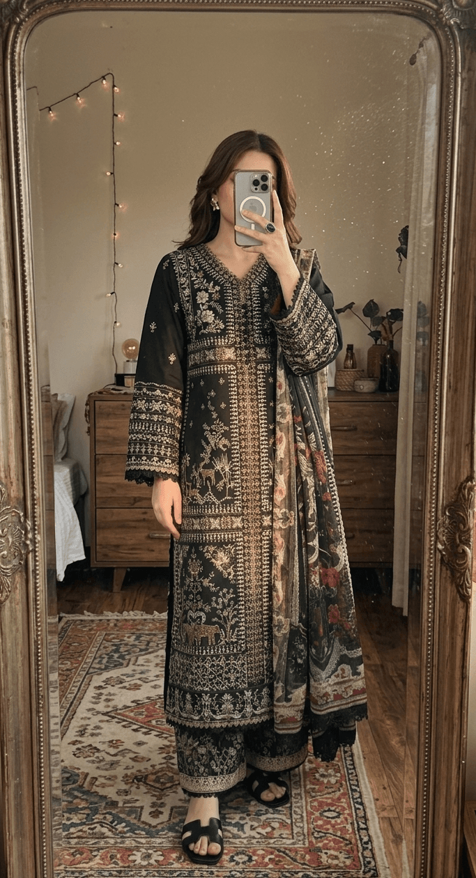 Full Embroidered Suit with Printed Net Dupatta | Unstitched Women Suits Pakistan