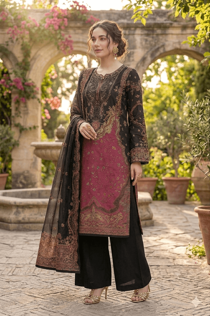 Black Printed Lawn 3 Piece Suit | Embroidered Shirt & Chiffon Dupatta Pakistan